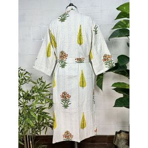 Kimono long réversible en pur coton Kantha pour femme, veste vert pastel, motif singe animal - Product Image 5