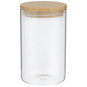 Tarro de almacenamiento de vidrio de borosilicato de alta calidad hecho a mano, botella de vidrio, contenedor de comida de cocina con tapa de madera de bambú