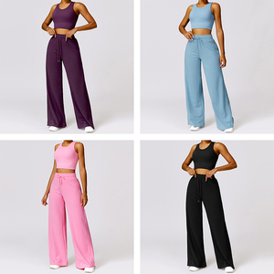 Gran oferta, camiseta sin mangas de Fitness y pantalones acampanados con cordón, conjunto de Yoga para gimnasio, ropa deportiva de Fitness aerodinámica, conjuntos de mujer, servicio OEM - Product Image 6