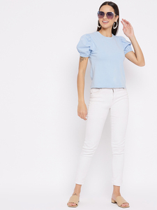 Custom Made Cotton Rib Half Sleeve Top with <b>Neck</b> Camric Puffed Knitted Fabric Front Logo for Boutique Clients Garment Resellers - Product Image 2