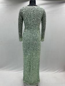 Pista Green Solid Pattern Maxi Vestido de cóctel con mangas bordadas Moda para bodas y fiestas - Product Image 5