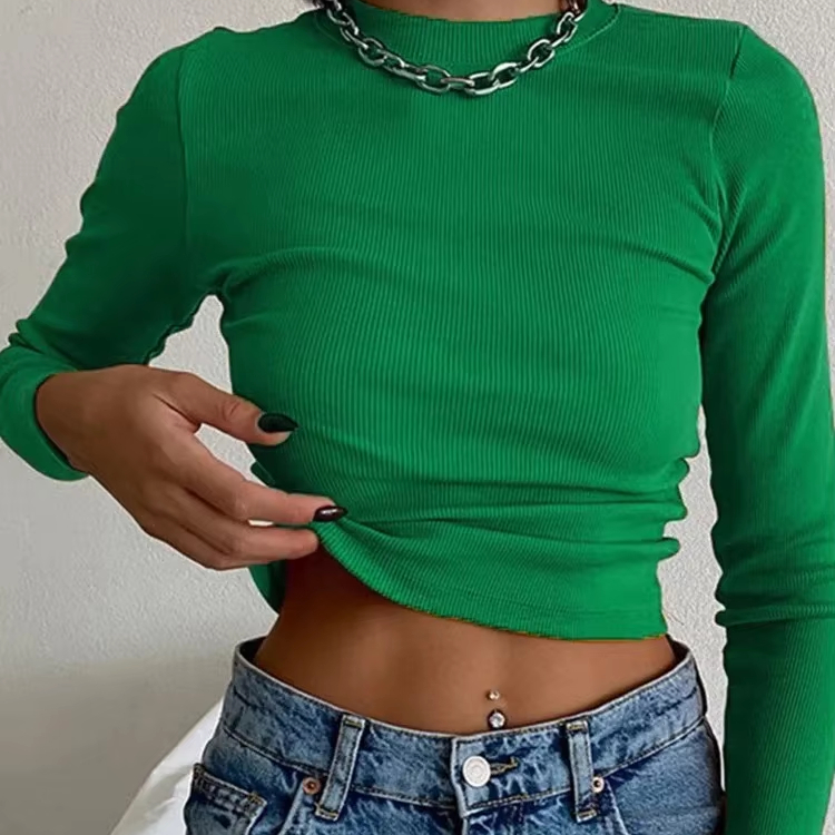 Women's Ribbed Neck T-Shirt Green Solid Slim Mesh Sexy Cropped Long Sleeve Tops for Spring Plus Size Ladies Clothes