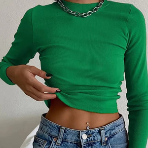 เสื้อยืดผู้หญิงคอกลมแขนยาวตาข่ายเข้ารูปสีเขียวเสื้อครอปเซ็กซี่สำหรับฤดูใบไม้ผลิไซส์ใหญ่พิเศษ - Product Image 1