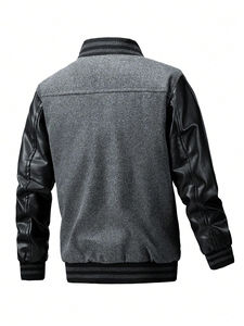 Manteau d'hiver personnalisable pour hommes tissu de laine manches en cuir PU garniture rayée lettre patchs veste à capuche avec support - Product Image 2