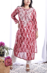 Túnica bordada a mano de algodón puro Floral rojo Kurti 3/4 mangas étnico bohemio Top ligero cómodo ropa informal OEM ODM - Product Image 2