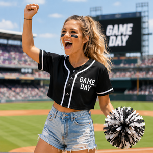 SCHOOL TEAM Women Baseball Jersey Cropped Fit Short Sleeve Black White Blank basedall Jersey Print Game Day Uniform Summer - Product Image 4