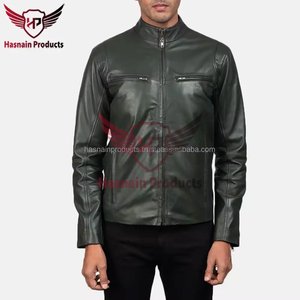 Veste en cuir véritable vert pour homme, col montant, double fermeture éclair sur la poitrine, en peau de mouton, couleur olive foncé, style Cafe Racer, veste de motard personnalisée, vêtement d'extérieur d'hiver - Product Image 4
