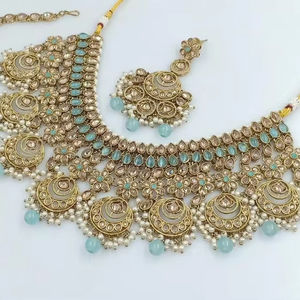 FANCY ANTIQUE TRADITIONAL and FASHIONABLE GOLD TONE KUNDAN <b>PEARL</b> <b>CHOKER</b> NECKLACE EARRING SET WITH MANGTIKA for WOMEN and GIRL - Product Image 1