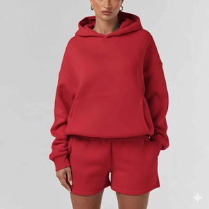 ชุดเซ็ตเสื้อฮู้ดดี้โอเวอร์ไซส์สีพื้นเหนือเข่าและกางเกงขาสั้นสำหรับผู้หญิง เนื้อผ้านุ่ม สวมใส่สบายในชีวิตประจำวัน แฟชั่นสตรีท - Product Image 1