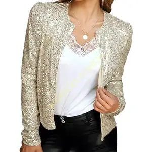 Fashion-forward Sequin Open Front Blazer Coat For Women Stylish Champagne Crop Jacket With Sparkling Sequin Detailing