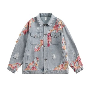 <b>Men</b> Clothing 2025 New Coat Vintage lace splicing Destruction Wind Denim <b>Jacket</b> for <b>Men</b> Autumn Streetwear American <b>jacket</b> - Product Image 1