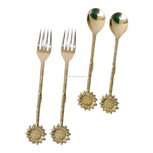 Utensilios de servicio de lujo de acero inoxidable y latón con mango de girasol-Juego de 4 piezas de alta calidad - Product Image 1
