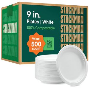 Stack Man 100% Compostable <b>Paper</b> <b>Plates</b> 9 Inch [500 Count] Heavy-Duty Dinner <b>Plates</b> - Natural White Color Unbleached Bagasse - Product Image 1