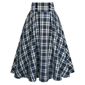 OEM Vintage Swing cintura elástica media pantorrilla acampanada A-Line mujeres Midi faldas a cuadros - Product Image 1