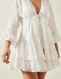 Rayon Tie Dye Summer V Neck <b>Tunic</b> <b>Dress</b> for <b>Women</b> for Beach and Hot Vacation Wear Short Frilled <b>Dress</b> With Designer Bell Sleeve - Product Image 5