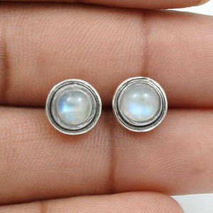 Solid 925 <b>Sterling</b> <b>Silver</b> Natural Rainbow Moonstone Round Shape Classic Boho <b>Stud</b> Earring Handmade Jewelry for Birthdays Parties - Product Image 3