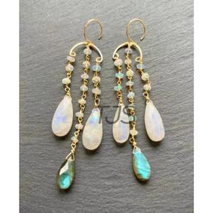 Boucles d'oreilles pendantes en laiton plaqué or 18 carats de haute qualité, serties de labradorite, faites à la main, accessoires de mode chrétiens pour mariage - Product Image 2