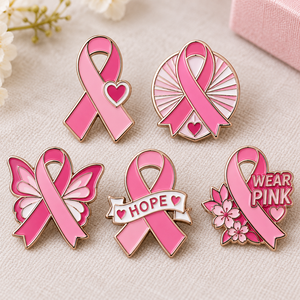 Épinglette en émail personnalisée créative du Mois d'<span class=keywords><strong>Octobre</strong></span>, rose métallique, pour la sensibilisation au cancer du sein, avec <span class=keywords><strong>ruban</strong></span> rose - Product Image 2