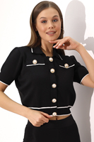 Cardigan court en tricot pour femme, à manches courtes, col polo boutonné, tricot personnalisé, cardigan élastique