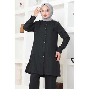 MSW19224-1 Ensemble décontracté noir 2 pièces avec détail volanté, haut asymétrique à col rond en polyester et jupe mi-longue en mousseline – Tenue d'été - Product Image 2