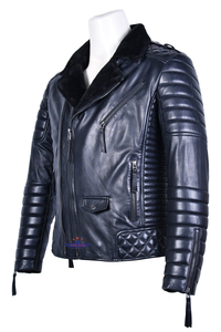 Chaqueta de Cuero para Hombre al por Mayor, Estilo Bomber, con Cuello de Piel, Cuero Vacuno, Frente de Lona, Ajuste Normal, Cremalleras Color Gris Metálico, Cálida y Elegante para Invierno - Product Image 4