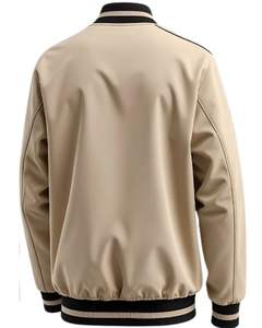 Veste bomber softshell beige pour homme avec garniture noire, col et poignets rayés, style streetwear, veste de mode, logo personnalisé OEM - Product Image 2