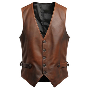 เสื้อกั๊กหนังวัวแท้สีน้ำตาลขี้ผึ้ง สวมใส่ด้านนอก ระบายอากาศได้ดี สไตล์วินเทจ พร้อมเข็มขัด คอวี ปิดด้วยกระดุมห้าเม็ด ปรับขนาดเอวได้ - Product Image 1