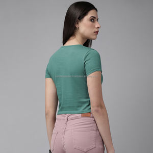 Nardon Apparel, Tops cortos para mujer, ropa femenina ajustada de verano, camiseta transpirable, Camiseta con cuello redondo, solapa, manga corta, Tops sexis sólidos - Product Image 2