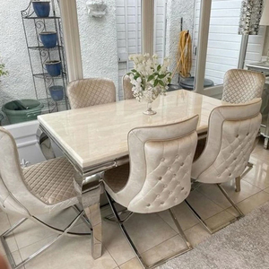 Moderner Rechteckiger Goldener Marmor Verchromter Glänzender Edelstahl-Esstisch für Apartments und Hotels 6-Sitzer - Product Image 5