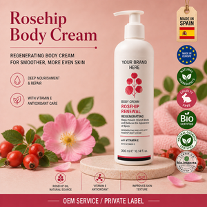 Crema Corpo al Rosa Mosqueta 300ml OEM con Etichetta Privata |   Crema Riparatrice Anti-Età per Smagliature e Cicatrici |   Vegano |   Prodotto in Spagna UE - Product Image 1