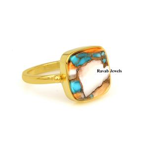 2025 Best Selling Women's Fine <b>Ring</b> 12mm Spiny Oyster Copper Turquoise <b>Cushion</b> 925 Sterling Solid Silver Eternity Vermeil Bezel - Product Image 1