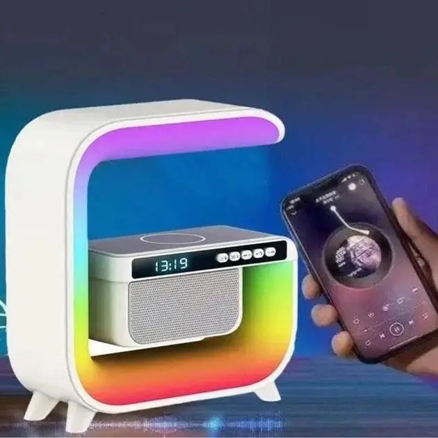 Promotional Gift G-shape Atmosphere Led Night Light 15W Wireless Charging Speaker Custom Wireless Charger Alarm Clock