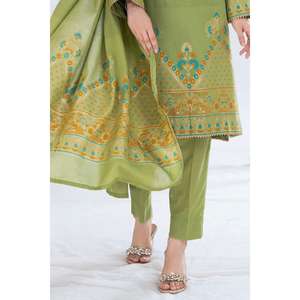 ชุดสูทผ้าแจ็คการ์ดสีเขียวสำหรับผู้หญิง ผ้าฝ้าย 100% ปักมือ 3 ชิ้น แบบยังไม่เย็บติดกัน - Product Image 5