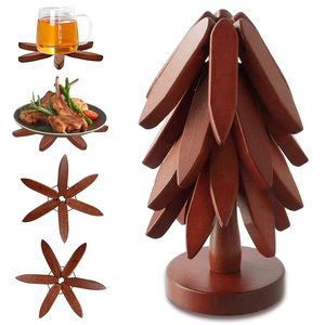 Artisan Wooden Tree Shape Coaster & <b>Trivet</b> Set | Sustainable <b>Wood</b> Hot Pot Stand | Decorative Tableware Set - Product Image 1