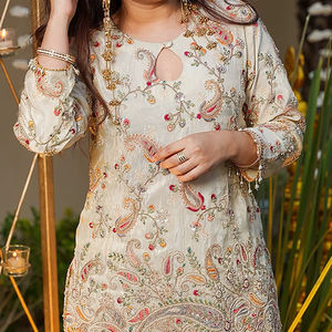 ชุดเซ็ตเครปฝรั่งเศสพรีเมียมขายส่ง ชุดคุर्ติปักลาย กางเกงขายาว 2 ชิ้น ชุดอินโด-เวสเทิร์นสำหรับผู้หญิง - Product Image 1