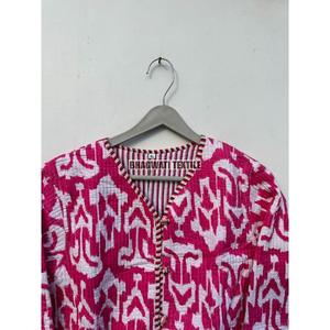 Indian Cotton Bohemian Style Unisex <b>Short</b> Quilted <b>Jacket</b> Hand Block Printed Winter Coat with Long Length and Decorative Pocket - Product Image 5