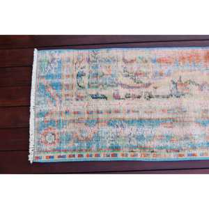 Alfombra Turca Vintage de 1.5x4.6 pies, Ecológica, con Diseño de Patchwork en Tonos Azul y Naranja, de Lana con Base de Látex - Product Image 5