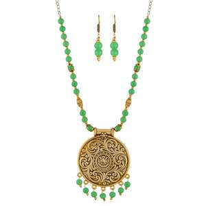 Conjunto de Collar chapado en oro antiguo verde Urthn con cuentas de acero inoxidable incluye aretes-para joyería fina nupcial 1111322 - Product Image 1