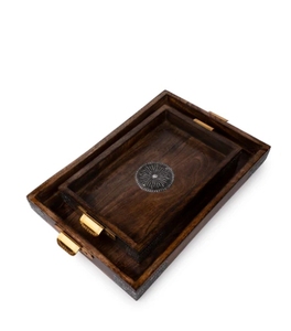 Wooden Serving Tray Set of 2 Vintage look with stylish brass Rustic Decorative Ottoman & Coffee Table Tray Kitchen Home Decor - Product Image 3