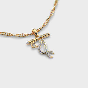 Collar con Colgante de Diamantes Chapado en Oro Amarillo de Lujo, Diseño de Letra Árabe, Corte Brillante Redondo, Unisex, para Uso Diario - Product Image 1