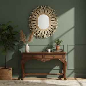 Miroir mural rond à cadre en rotin Resto Vintage élégant fait à la main Style Boho écologique et durable décoration de la maison - Product Image 3