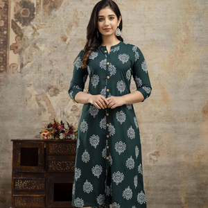 Ensemble Kurta en lin A imprimé floral rayonne de haute qualité pour femmes vêtements décontractés en coton ethnique - Product Image 1