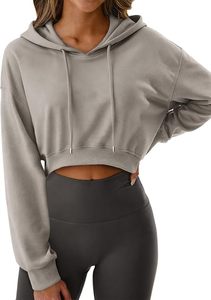 Sudadera Corta con Capucha para Mujer, Color Gris Sólido, Manga Larga, Tejido de Algodón, Ropa de Otoño - Product Image 4