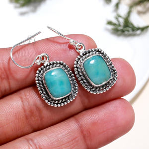 Pendientes de gota hechos a mano de Plata de Ley 925 con forma de cojín, piedra preciosa Larimar azul Natural para fiesta o boda de mujer - Product Image 4