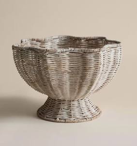 Elegant Scalloped Rattan Pedestal <b>Bowl</b>, Handwoven Decorative Wicker Centerpiece for Fruit or Interior Styling - Product Image 1