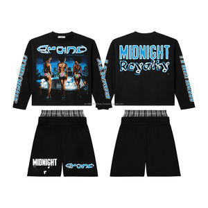 Conjunto de Sudadera con Capucha y Pantalones Cortos Personalizados, Unisex, de Algodón, Estilo Jogger, 2 Piezas, con Estampado de Parches, Estilo Holgado, para Hombre - Product Image 2