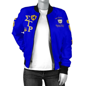 Chaqueta Bomber de Satén SGRho, Sigma Gamma Rho Griega 1922, Azul Real y Dorado, Bordado Universitario, Ropa Femenina de Hermandad - Product Image 3