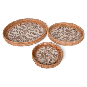 Plateau rond en rotin avec incrustation de nacre, vente en gros, vaisselle décorative pour hôtels, restaurants, export - Product Image 5