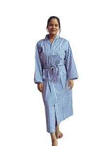 Peignoir en coton 100% rayé bleu pour femmes, imprimé à la main, taille 48 pouces, respirant et doux pour les saisons d'automne et d'hiver - Product Image 3