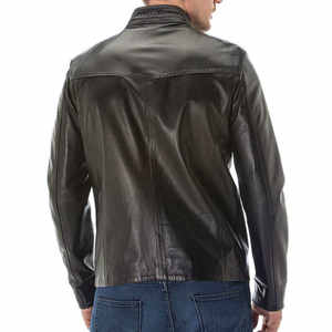 Veste en cuir de motard en peau de mouton noire pour homme, col montant décontracté d'hiver, fermeture éclair sur le devant, 100% cuir - Product Image 5